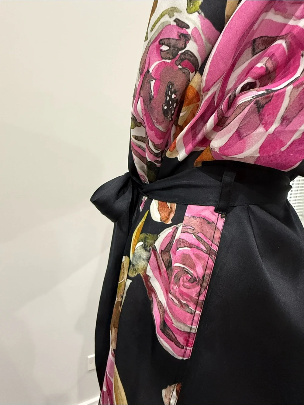 Black Floral Kimono Robe with Pink Rose Print